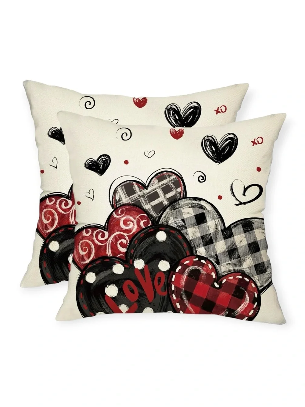 NWT! Set of 2 Hearts on Canvas Decorative Throw Pillow Covers- White, Red &Black